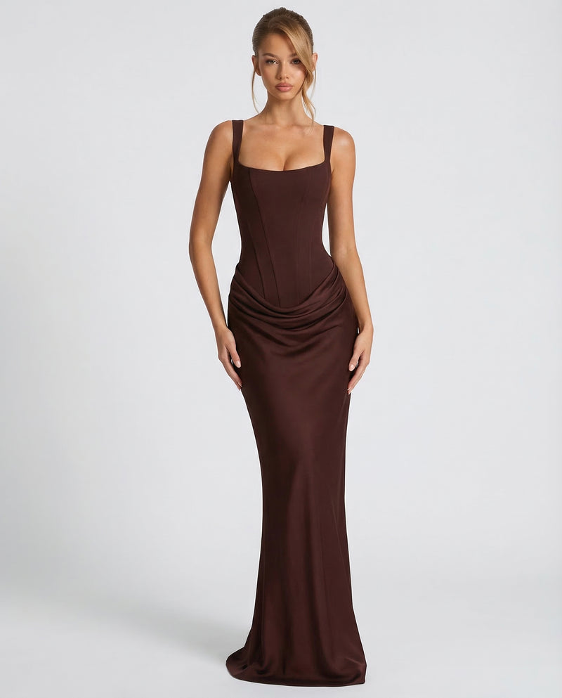 Square Neck Corset Bodice Ruched Satin Maxi Gown 2