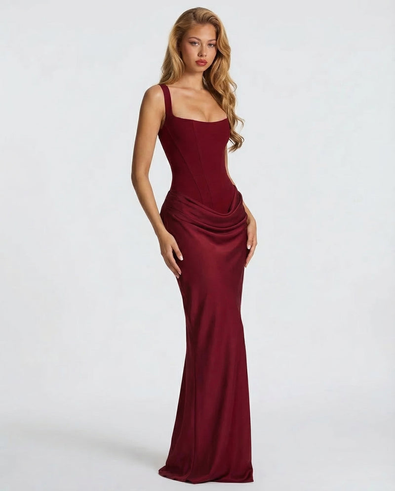 Square Neck Corset Bodice Ruched Satin Maxi Gown 16