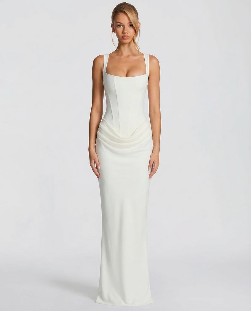 Square Neck Corset Bodice Ruched Satin Maxi Gown 10
