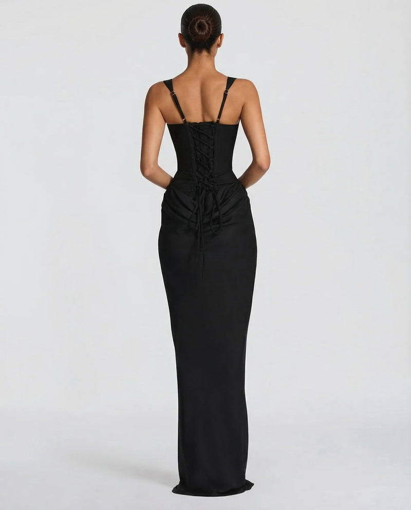 Square Neck Corset Bodice Ruched Satin Maxi Gown 7