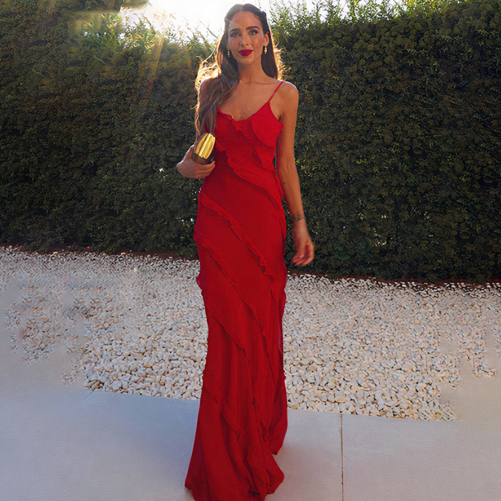 Spaghetti Strap V-Neck Cascading Ruffle Tiered Maxi Gown