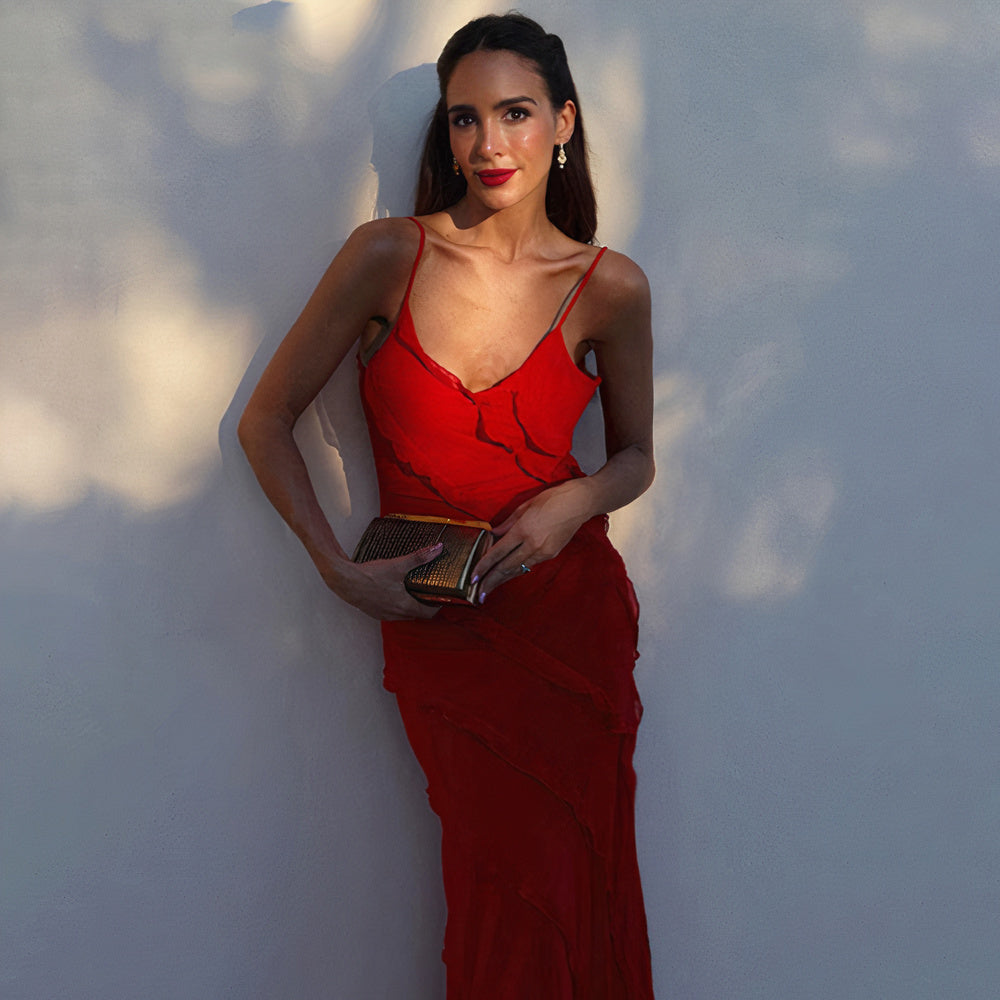 Spaghetti Strap V-Neck Cascading Ruffle Tiered Maxi Gown - View 3
