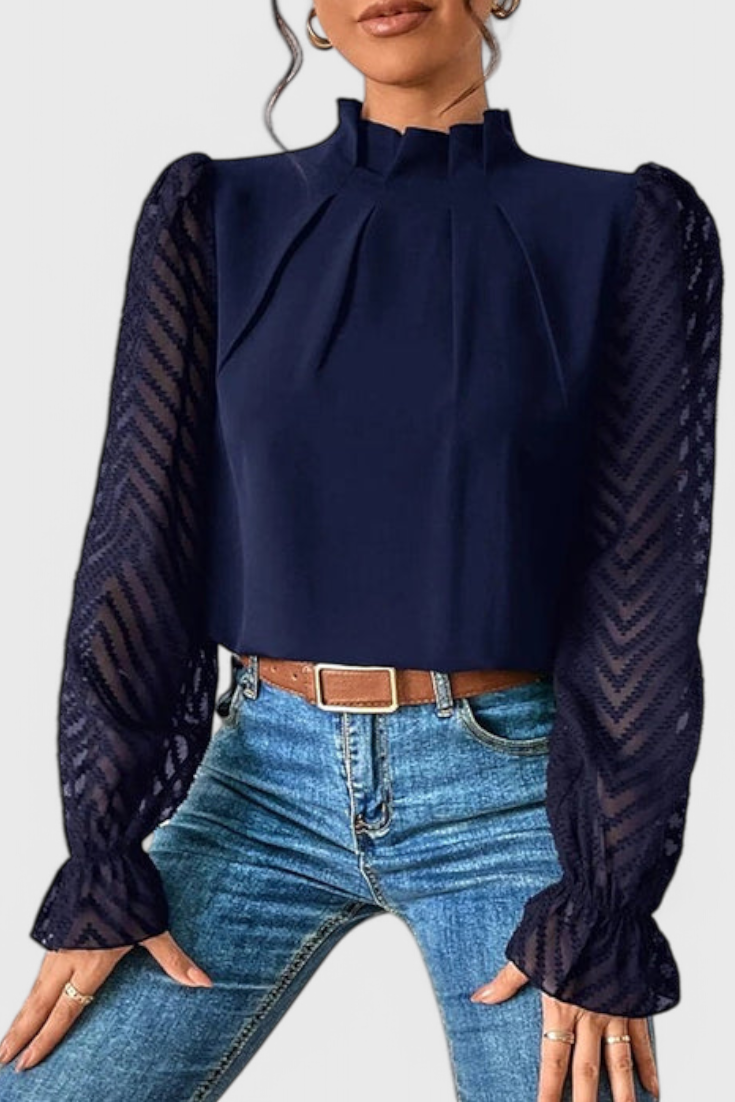Mock Neck Sheer Lace Long Sleeve Ruffle Blouse