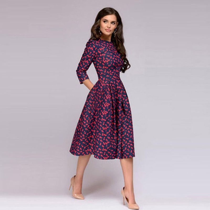 Floral Print Round Neck Three Quarter Sleeve Pocket Midi Dress