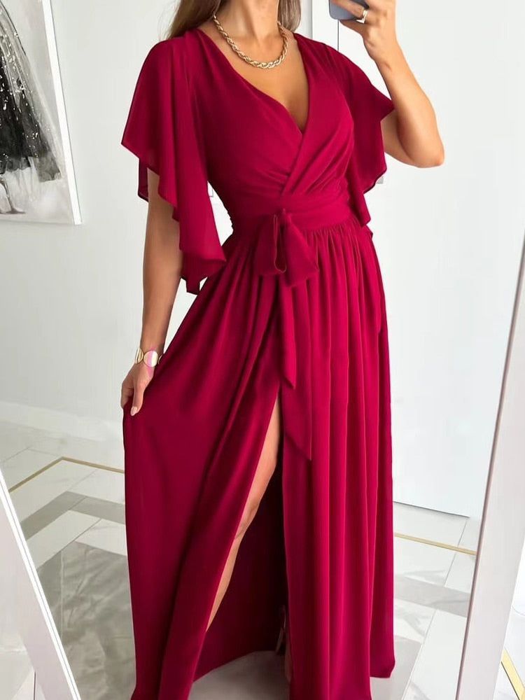 Flutter Sleeve Surplice Wrap Tie Waist High Split Maxi Gown