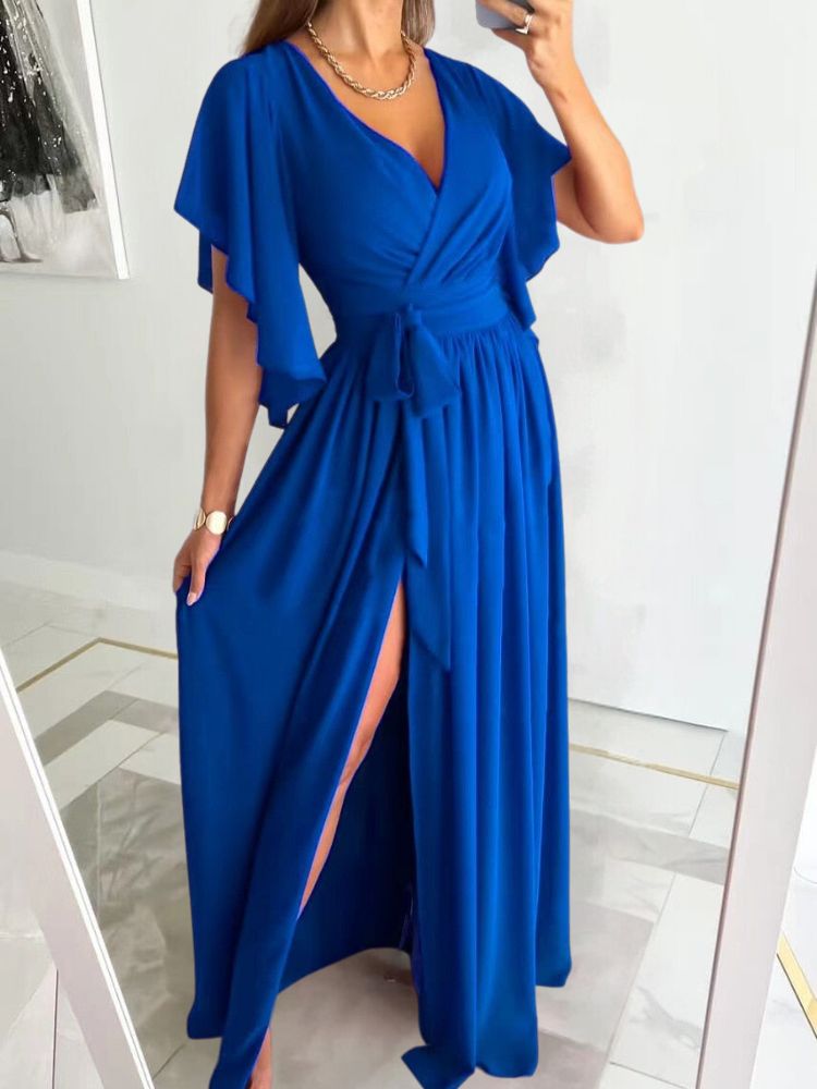 Flutter Sleeve Surplice Wrap Tie Waist High Split Maxi Gown - View 4
