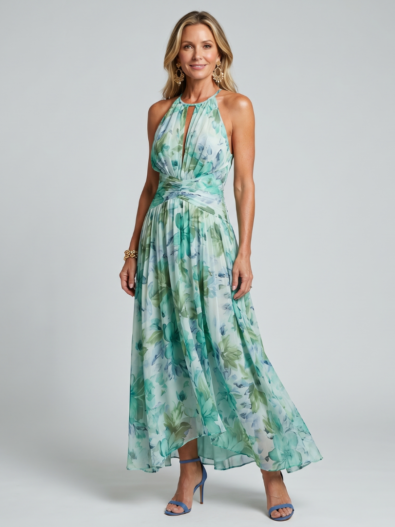 Floral Halter Neck Keyhole Ruched Waist Maxi Dress