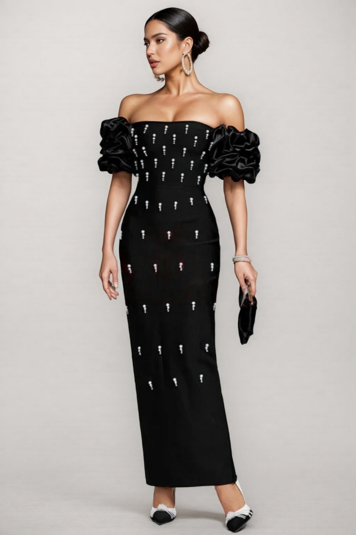 Helesa Off Shoulder Pearl Bandage Maxi Dress