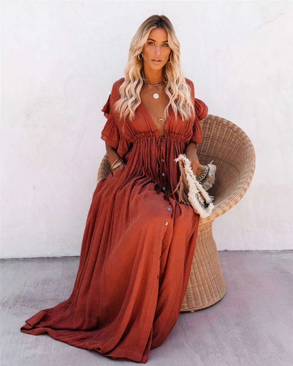 Deep V-Neck Flutter Sleeve Drawstring Button Front Maxi Dress - View 2