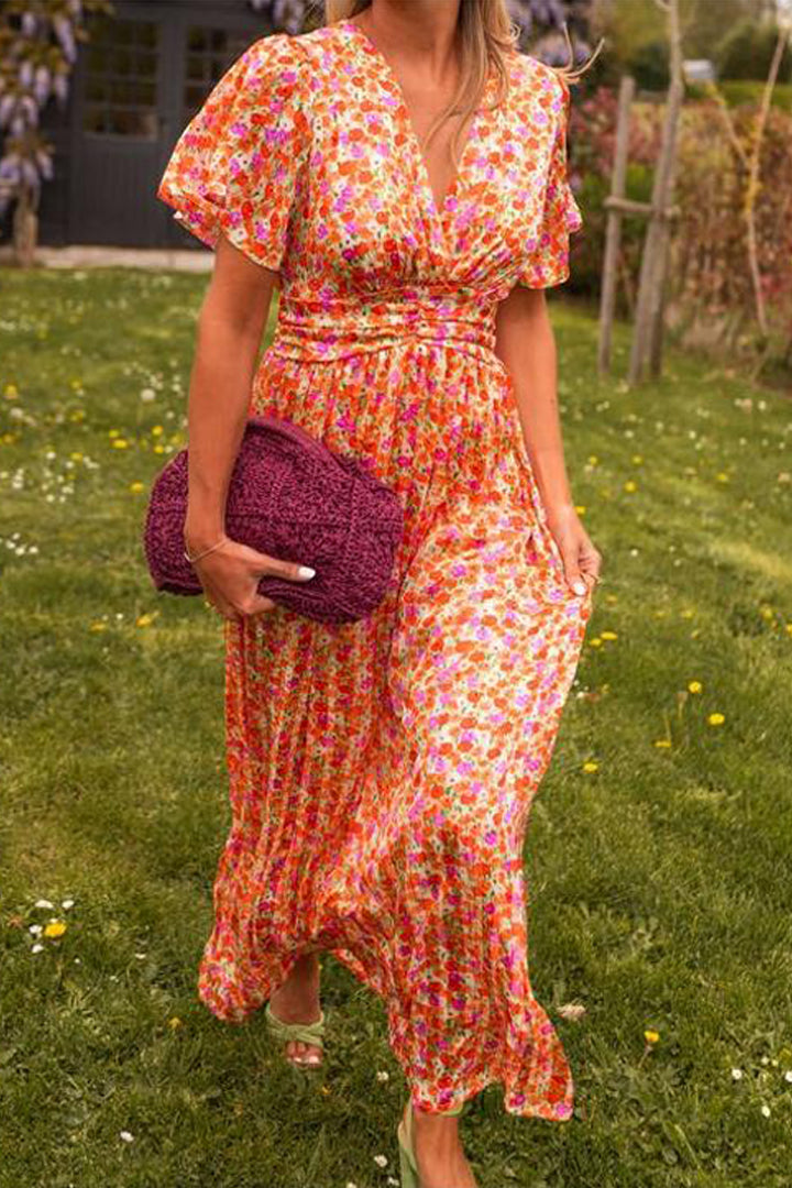 Floral Print V-Neck Flutter Sleeve Wrap Maxi Dress 3