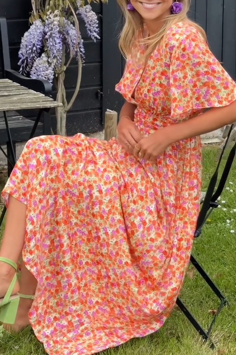 Floral Print V-Neck Flutter Sleeve Wrap Maxi Dress 6