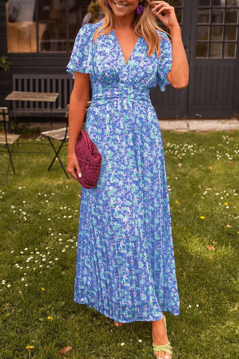 Floral Print V-Neck Flutter Sleeve Wrap Maxi Dress 2