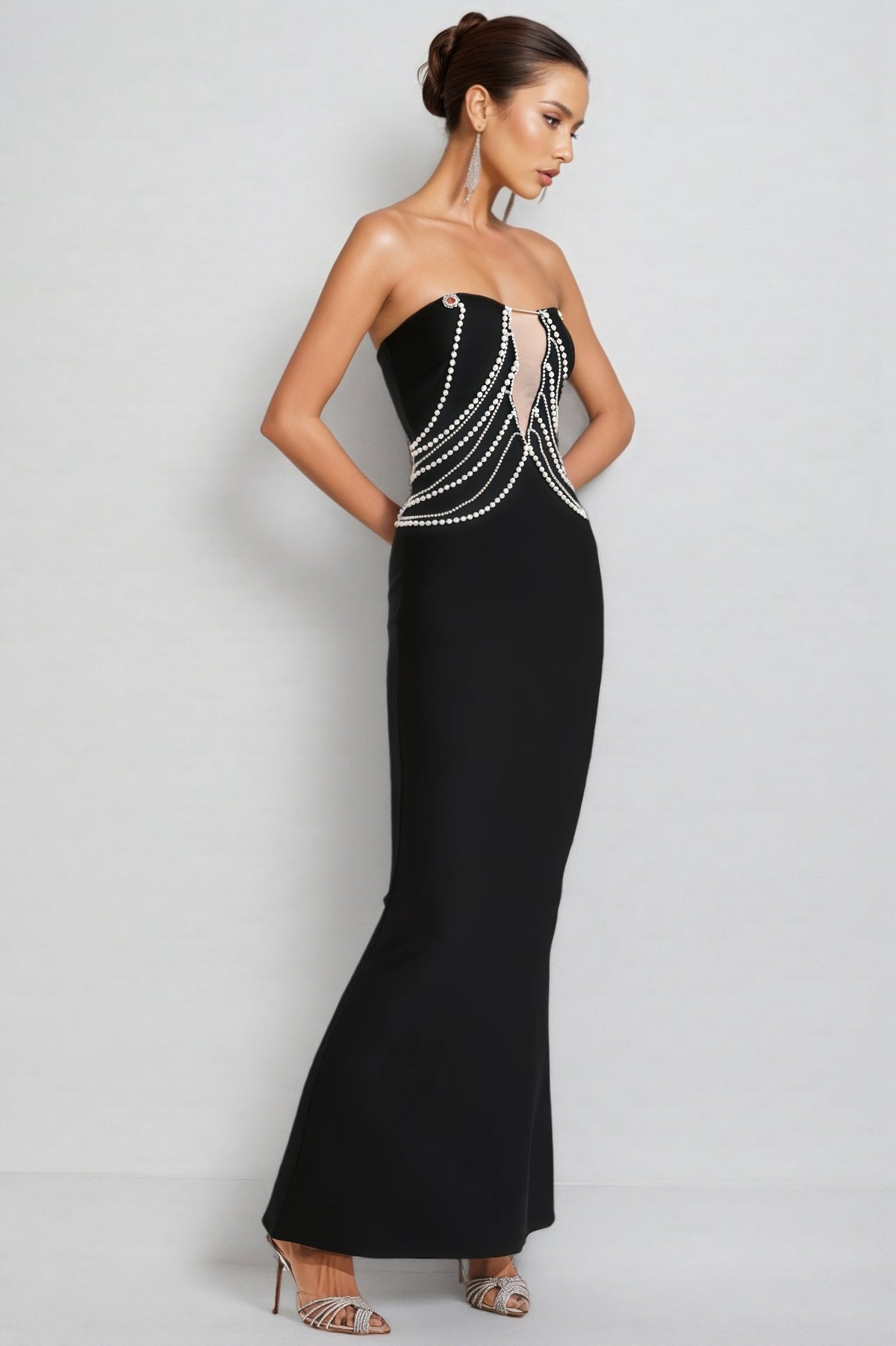 Vaughn Black Pearls Off Shoulder Maxi Dress - View 2
