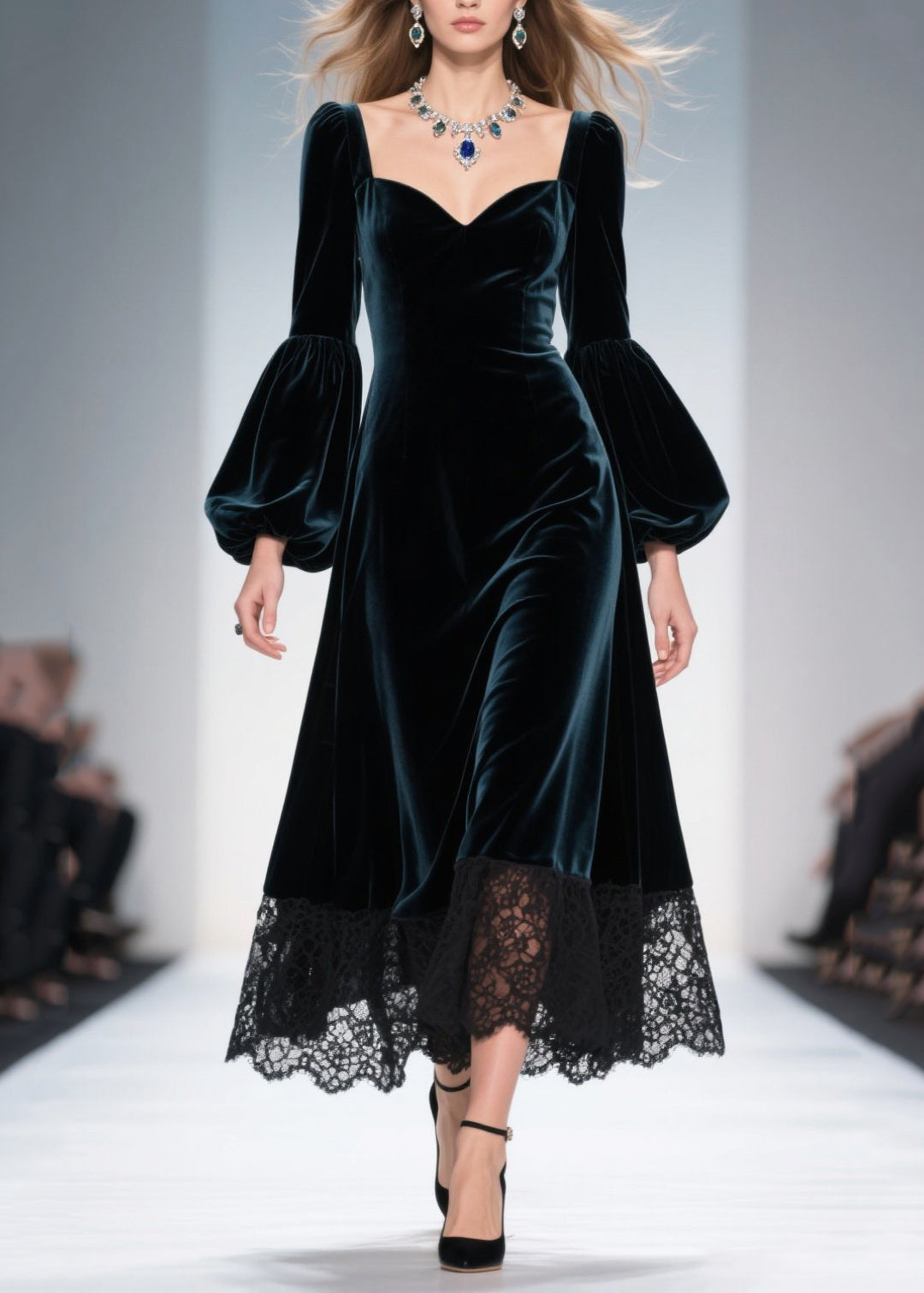 Velvet Sweetheart Bishop Sleeve Lace Trim Midi Dress