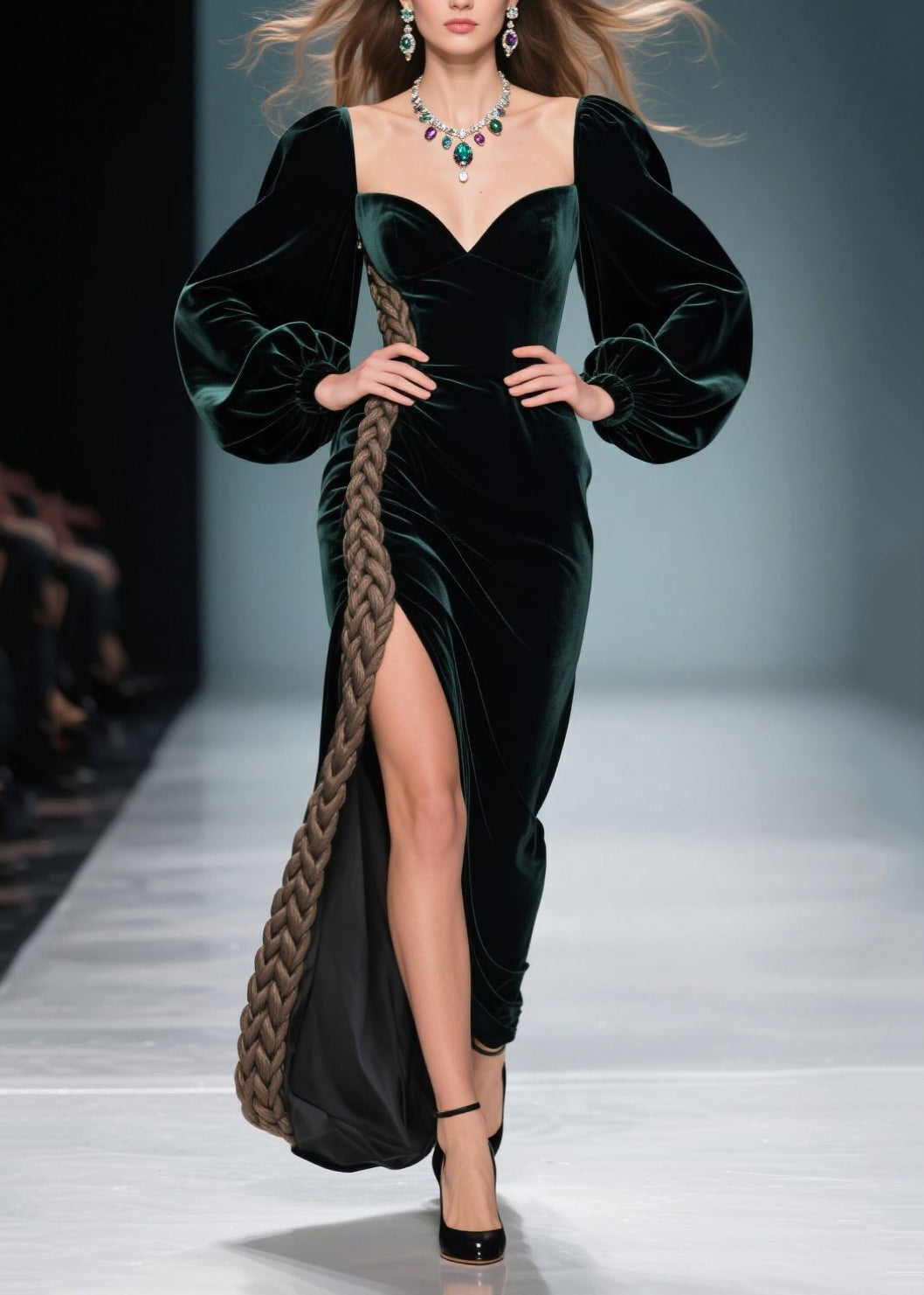 Velvet Sweetheart Bishop Sleeve Braid Trim High Split Maxi Gown - View 3