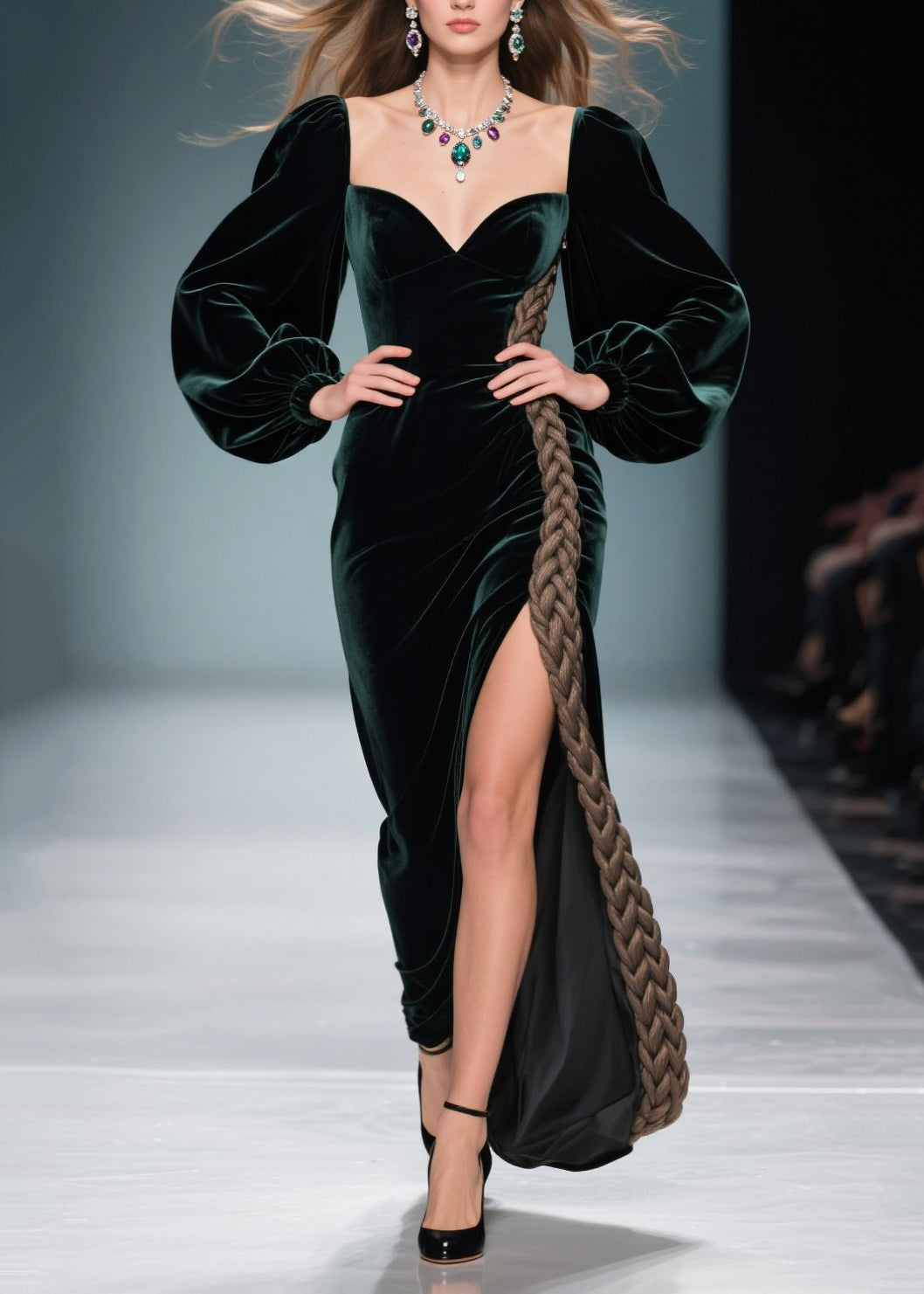 Velvet Sweetheart Bishop Sleeve Braid Trim High Split Maxi Gown - View 5