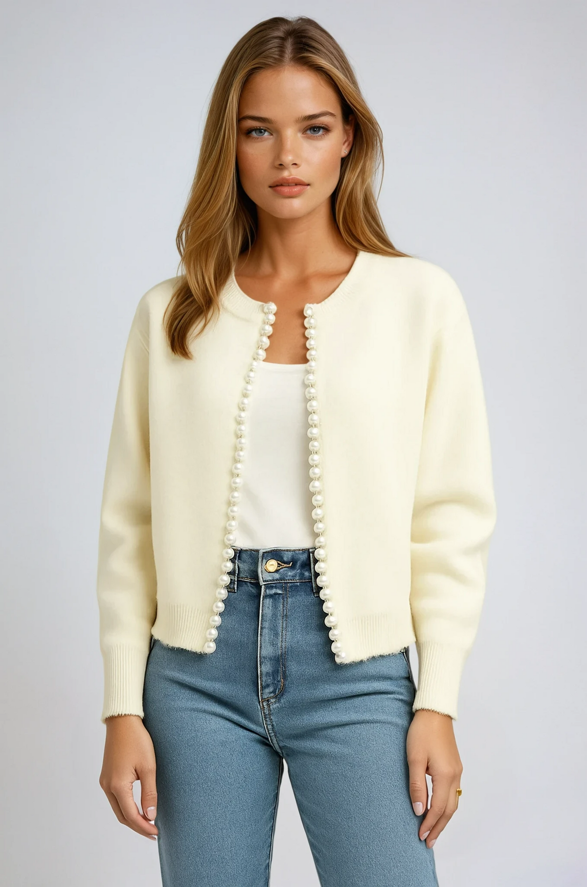 Pearl Trim Open Front Knit Cardigan