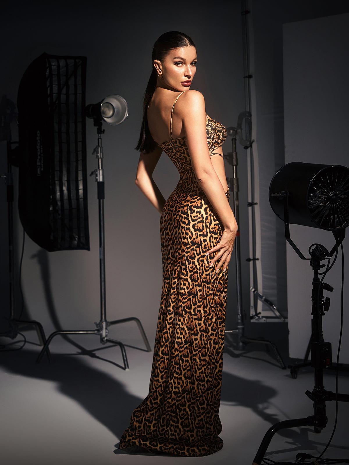 Sequin Animal Print Spaghetti Strap Cut Out Cross Strap Maxi Dress - View 6