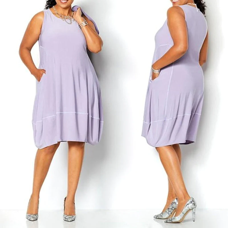 Sleeveless Scoop Neck Pocket Lantern Hem A-Line Midi Dress - View 3