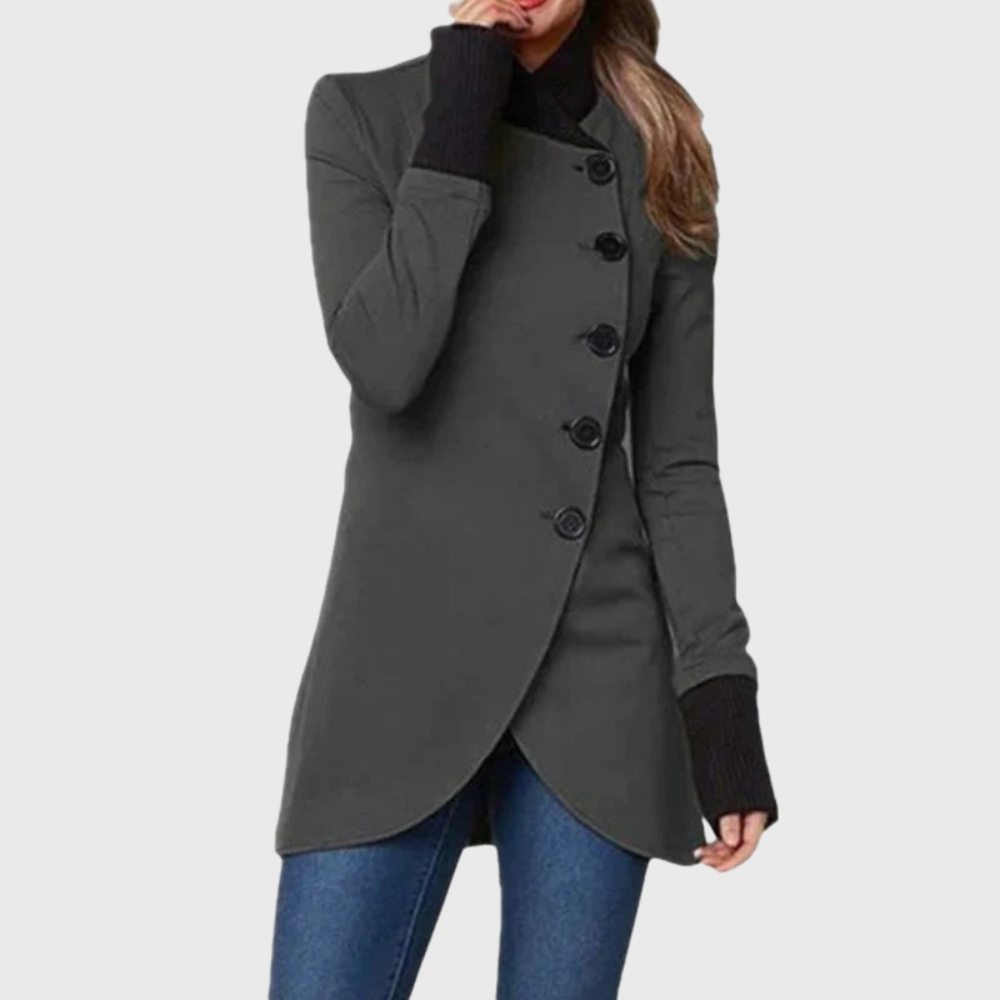 Stand Collar Asymmetric Button Wrap Hem Longline Coat 4