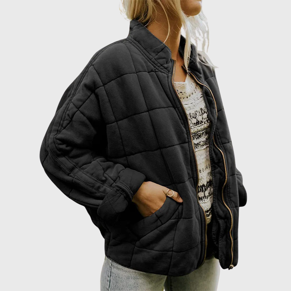 Quilted Zip Front Stand Collar Oversized Bomber Jacket 2