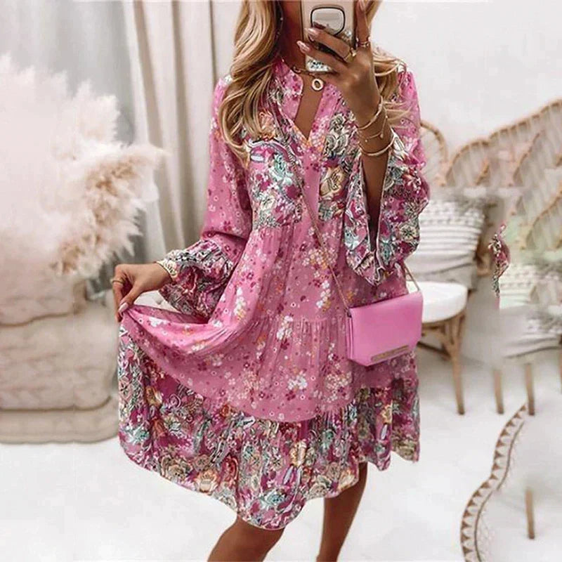 V-Neck Button Front Long Sleeve Tiered Ruffle Cuff Mini Dress