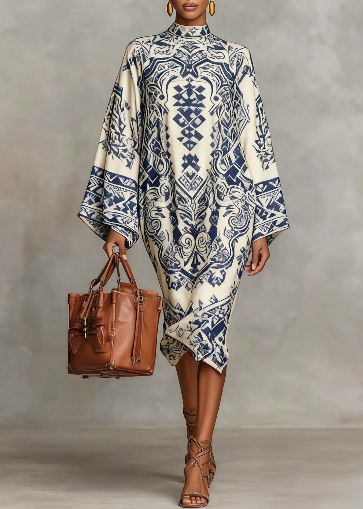 Mock Neck Bell Sleeve Tulip Hem Kaftan Midi Dress - View 3