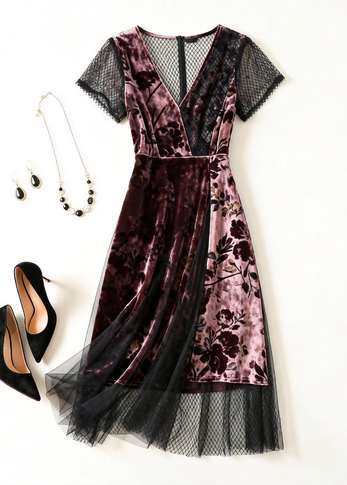 Floral Burnout Velvet Deep V-Neck Mesh Sleeve A-Line Midi Dress