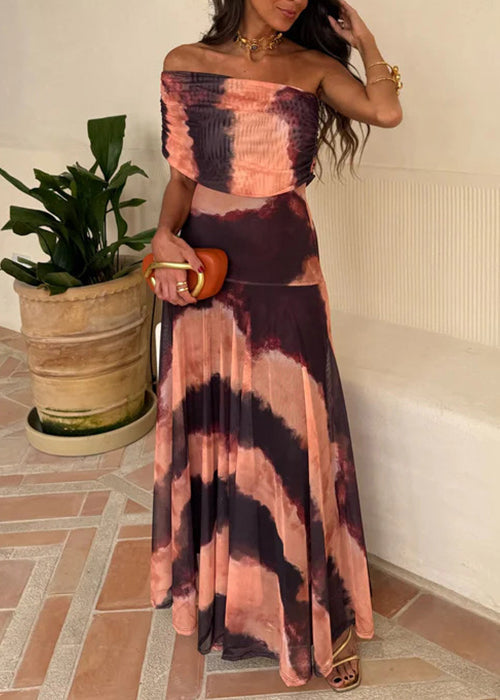 Tie Dye One Shoulder Tulle Ruched Bodice Pleated Maxi Dress - View 2