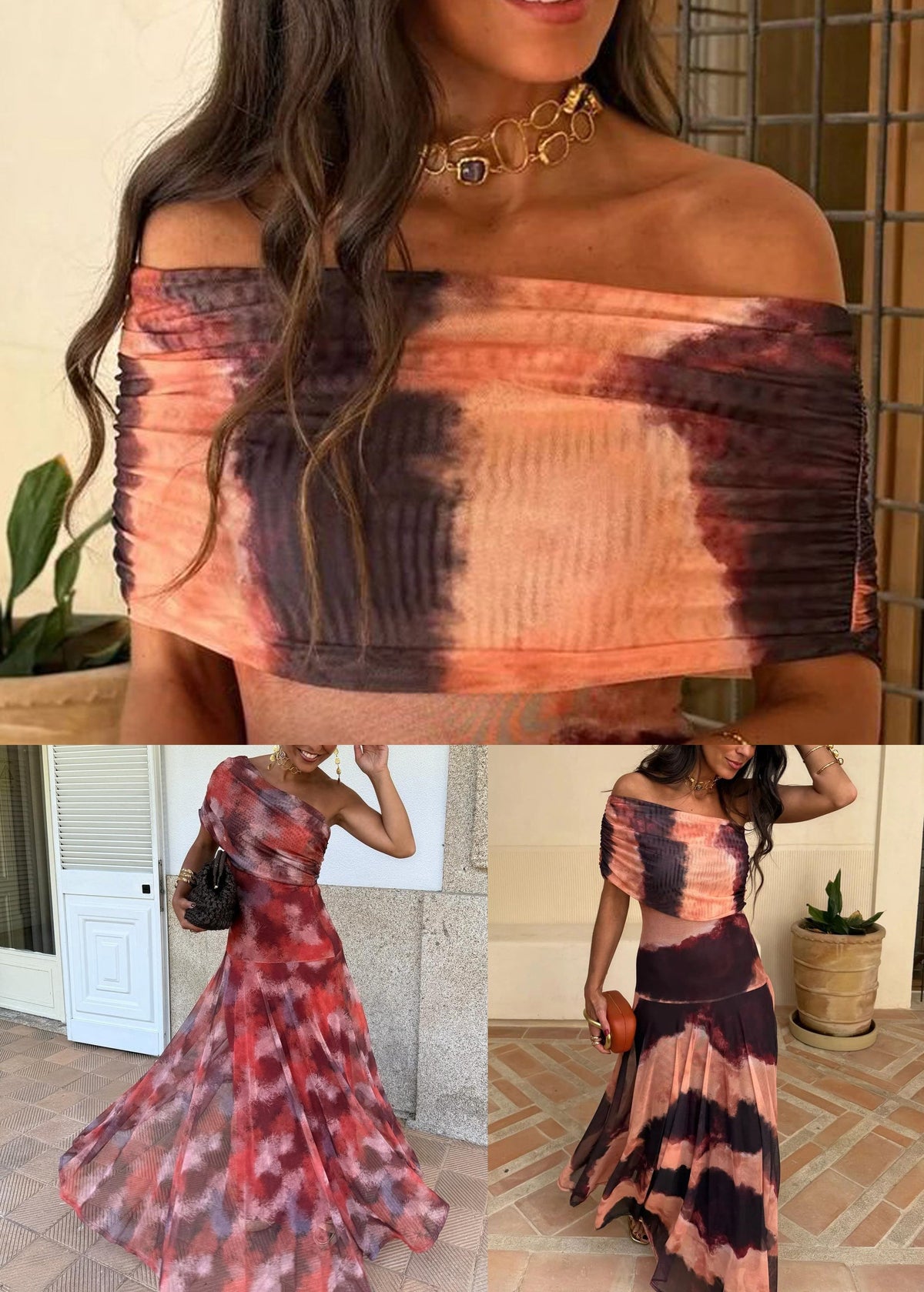 Tie Dye One Shoulder Tulle Ruched Bodice Pleated Maxi Dress - View 5