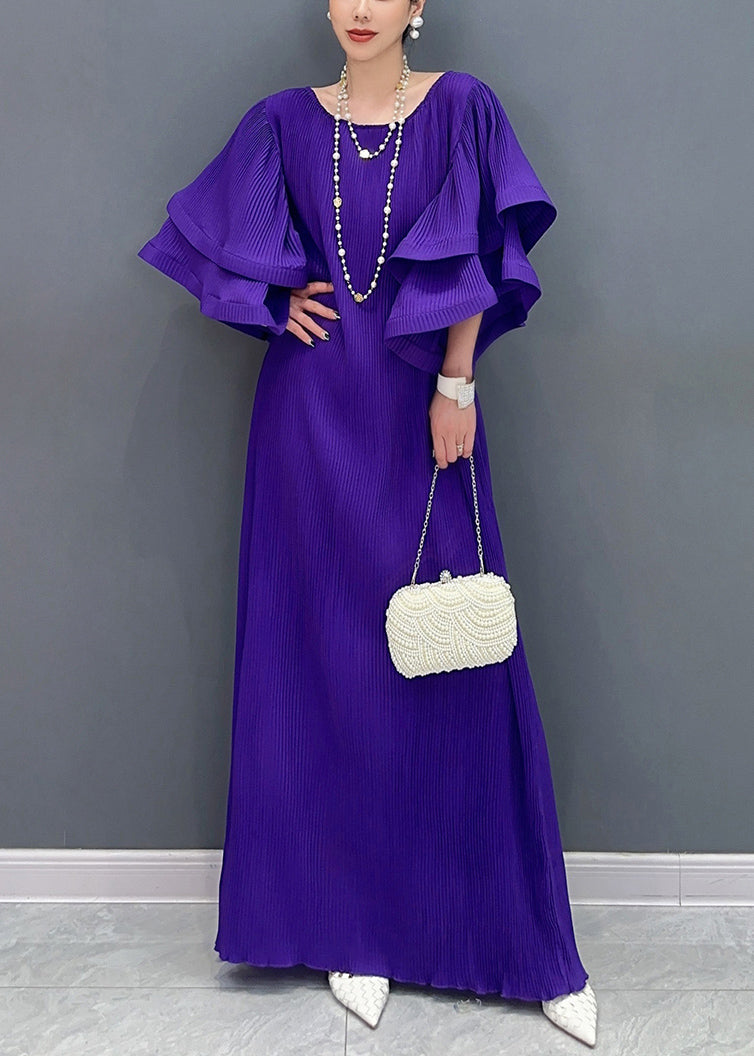Plissé Pleated Tiered Ruffle Sleeve Maxi Gown