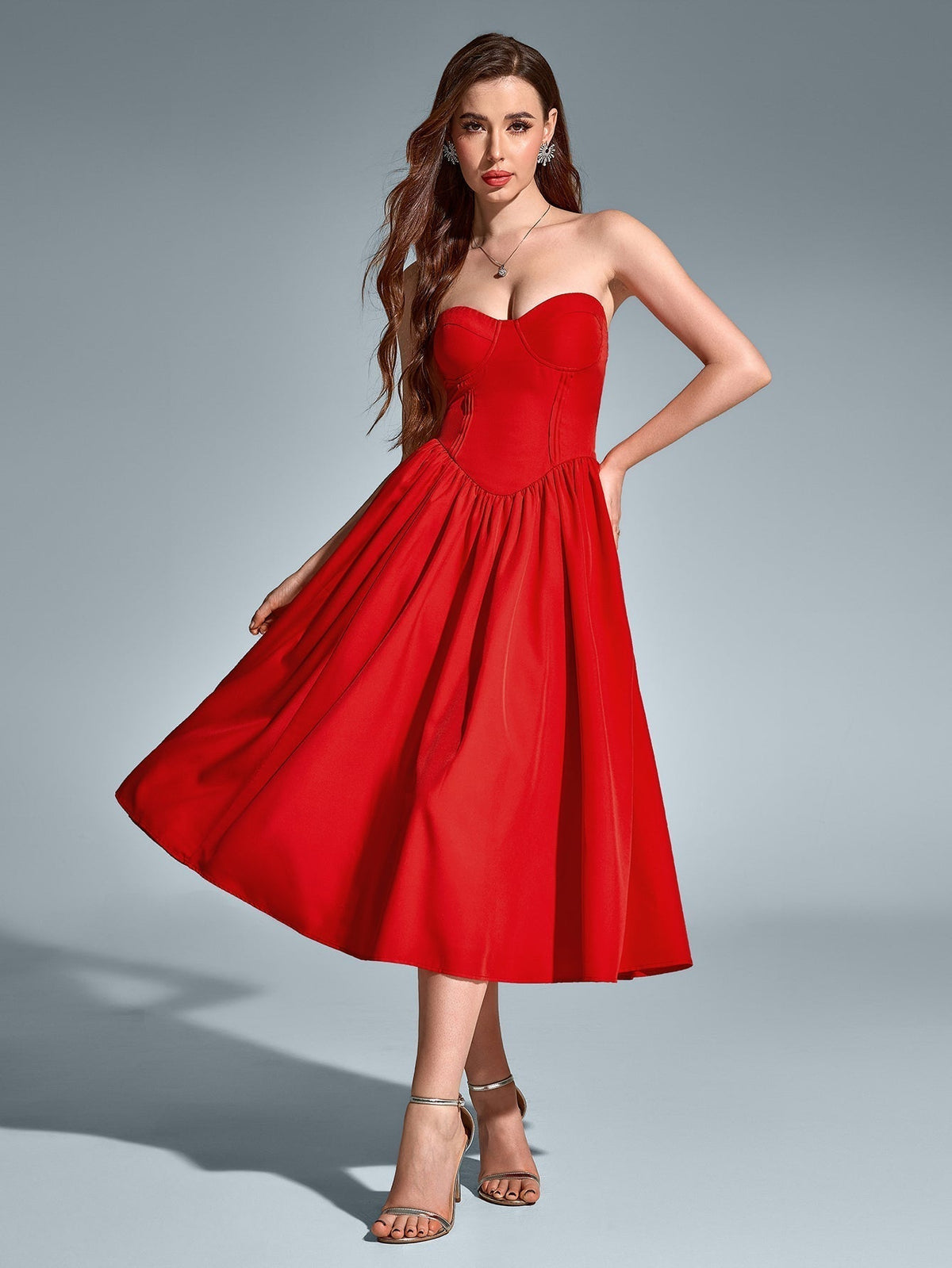 Strapless Sweetheart Corset Fit and Flare Midi Dress - View 4