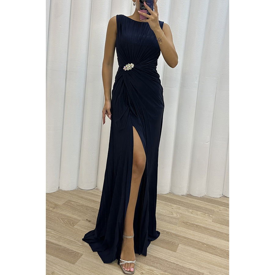 Pleated Sleeveless Ruched Waist Brooch High Split Maxi Dress - View 2