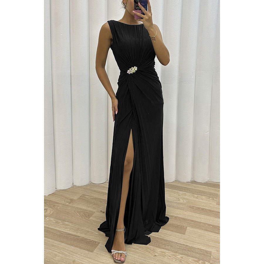 Pleated Sleeveless Ruched Waist Brooch High Split Maxi Dress - View 3