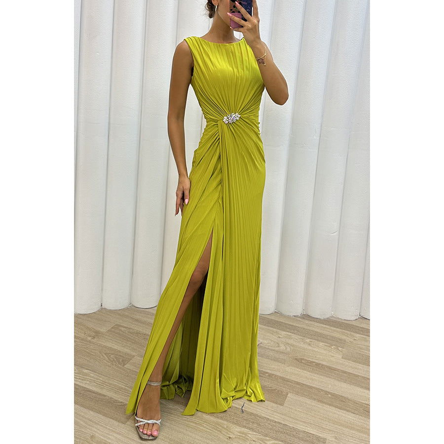 Pleated Sleeveless Ruched Waist Brooch High Split Maxi Dress - View 5
