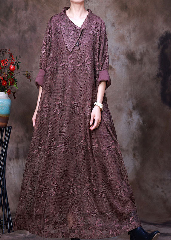 Floral Lace Embroidered Collar Deep V-Neck Long Sleeve Maxi Dress - View 2
