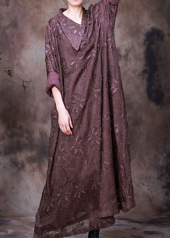 Floral Lace Embroidered Collar Deep V-Neck Long Sleeve Maxi Dress - View 3