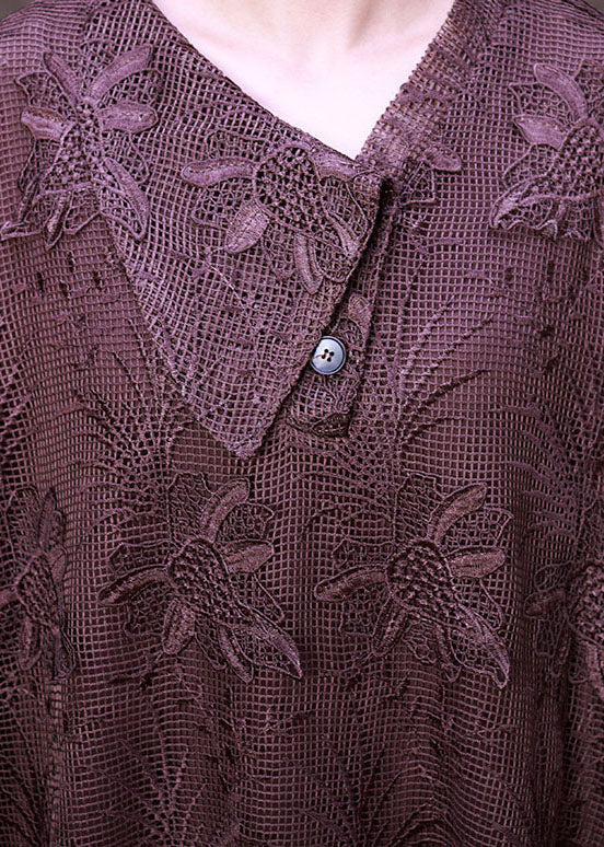 Floral Lace Embroidered Collar Deep V-Neck Long Sleeve Maxi Dress - View 5