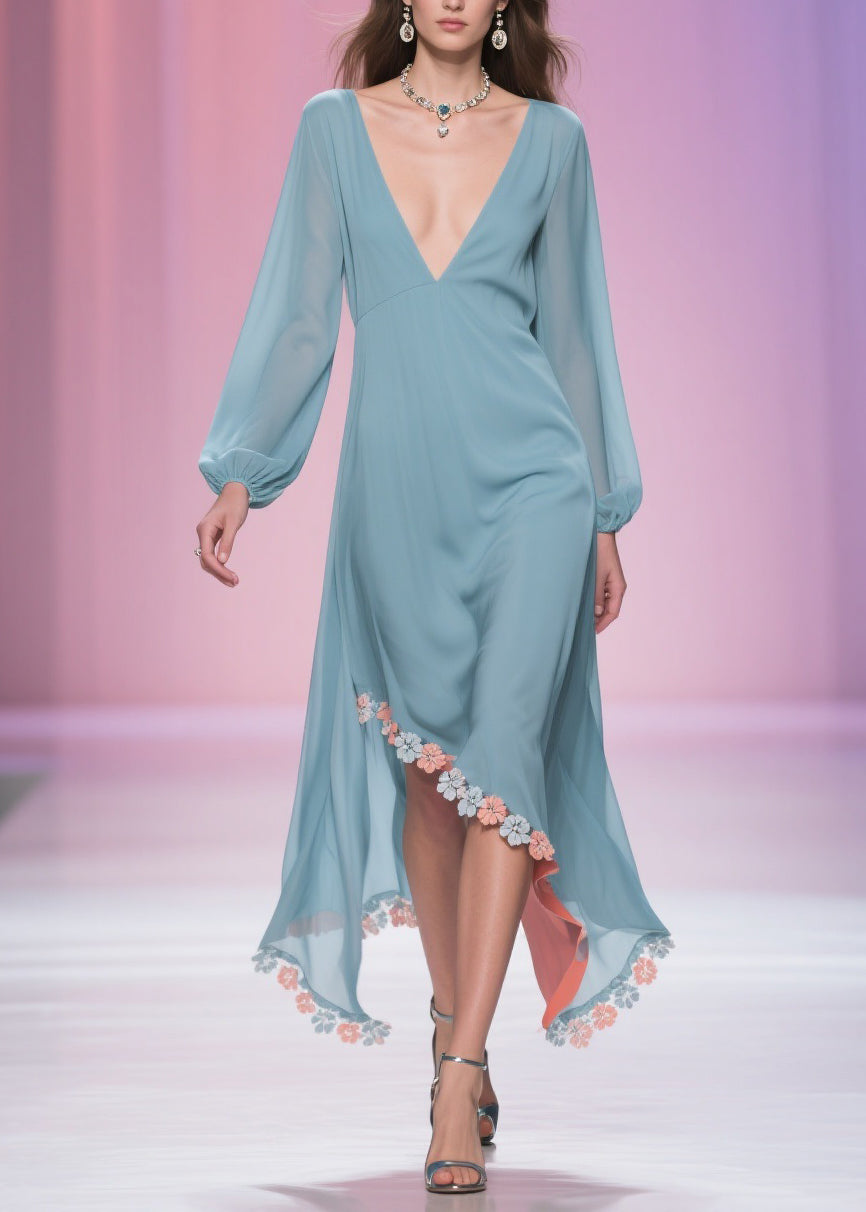 Chiffon Deep V-Neck Long Sleeve Floral Applique High Low Midi Dress - View 3