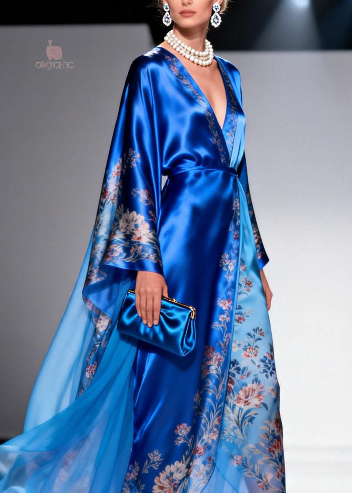Floral Print Wrap Deep V-Neck Kimono Sleeve Sheer Layered Maxi Gown - View 2