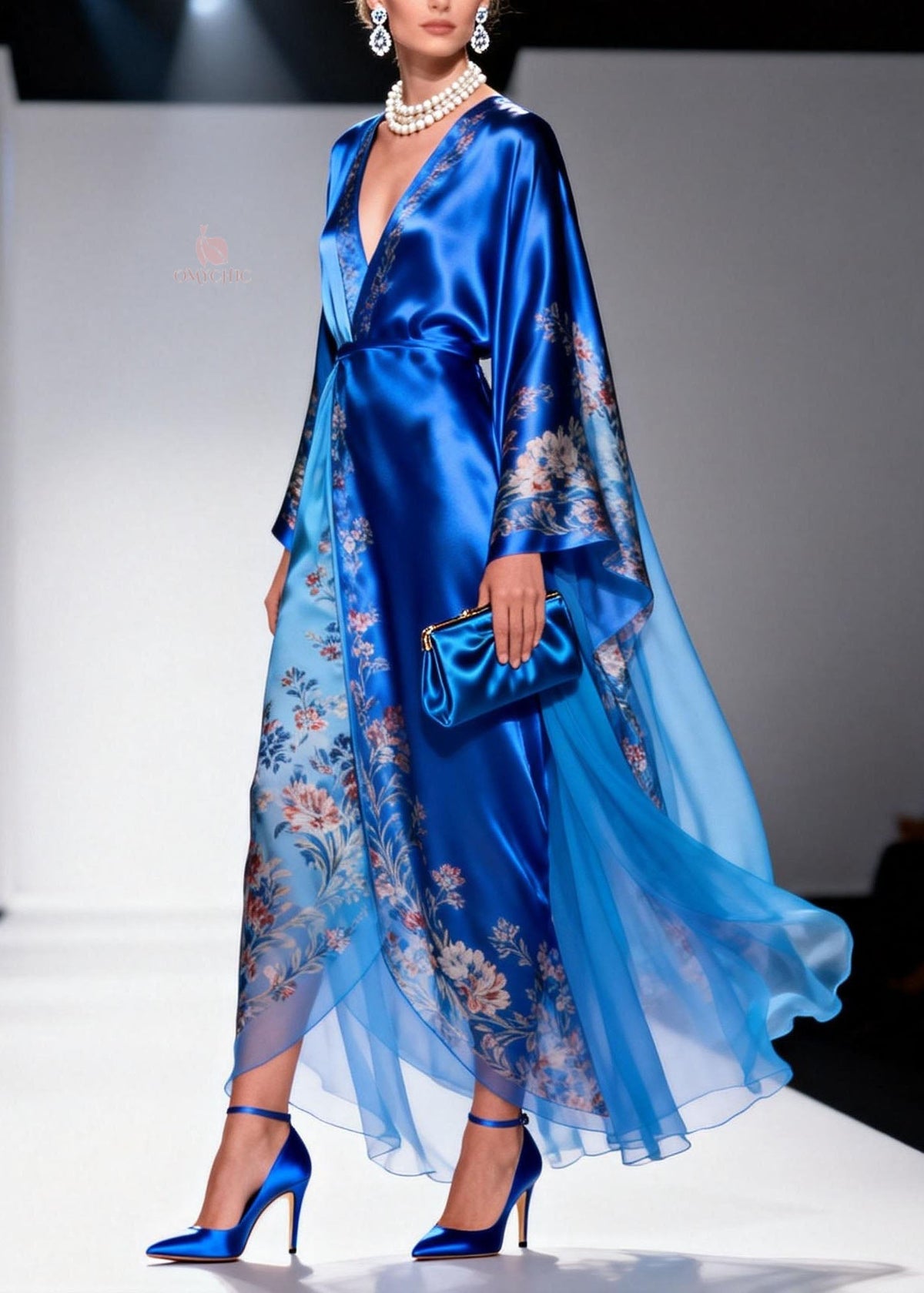 Floral Print Wrap Deep V-Neck Kimono Sleeve Sheer Layered Maxi Gown - View 3