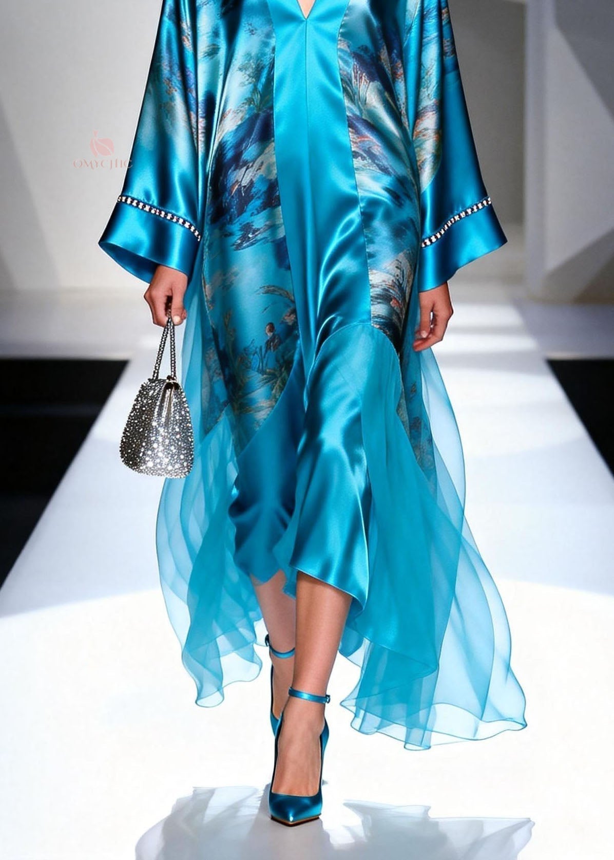 Satin Abstract Landscape Print Deep V-Neck Bell Sleeve Maxi Gown - View 4