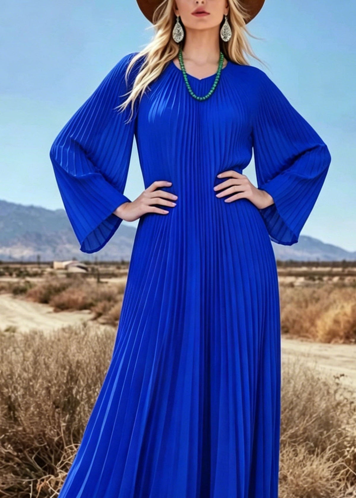 Chiffon Pleated Round Neck Bell Sleeve Flowy Maxi Dress - View 2