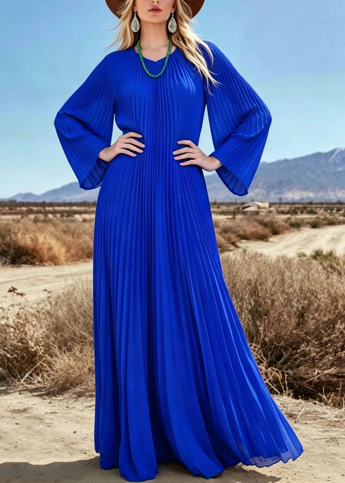 Chiffon Pleated Round Neck Bell Sleeve Flowy Maxi Dress - View 3