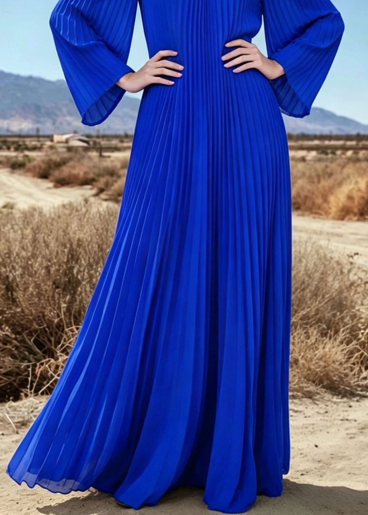 Chiffon Pleated Round Neck Bell Sleeve Flowy Maxi Dress - View 4