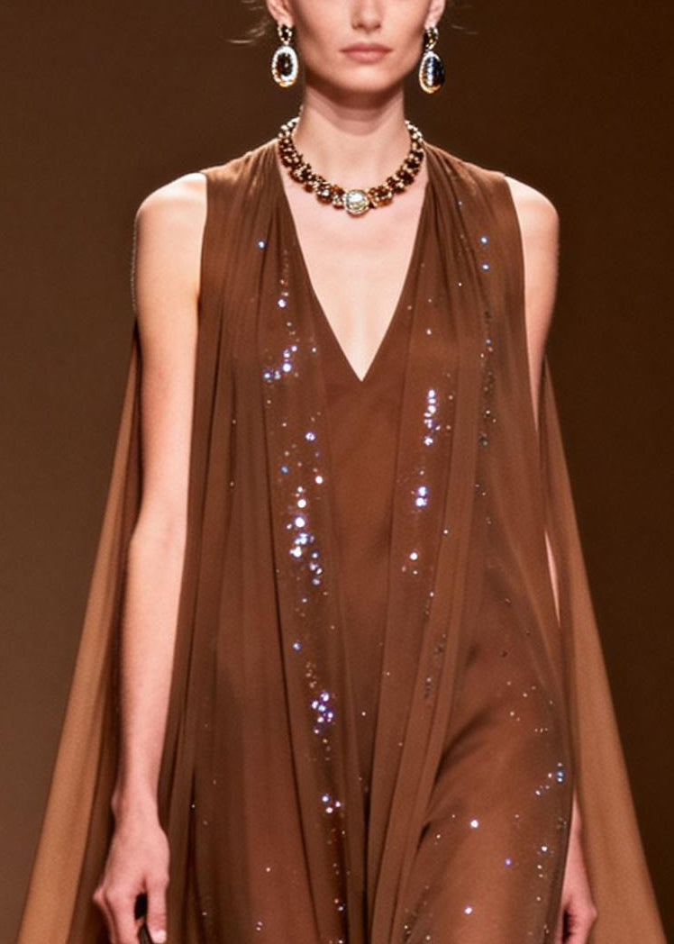 Plus Size Choaolate Oversized Rhinestone Chiffon Maxi Dresses Sleeveless - View 2