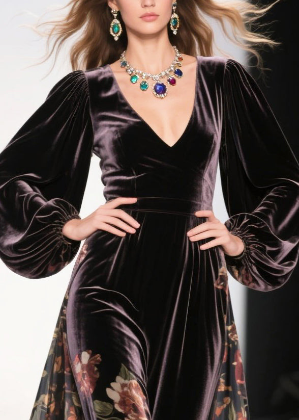 Velvet Deep V-Neck Balloon Sleeve Paneled Maxi Gown - View 2