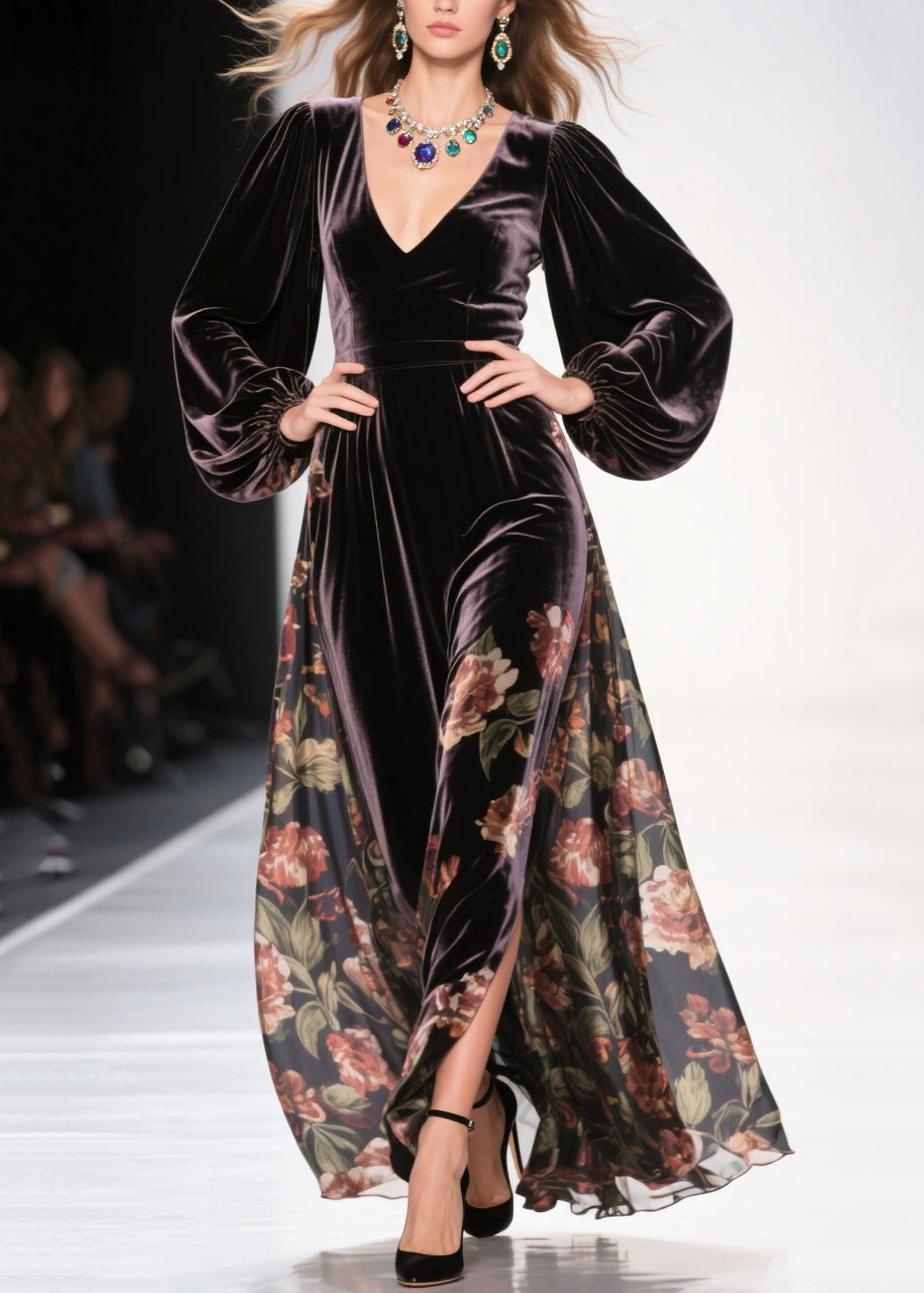 Velvet Deep V-Neck Balloon Sleeve Paneled Maxi Gown - View 3