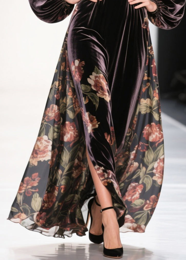 Velvet Deep V-Neck Balloon Sleeve Paneled Maxi Gown - View 4