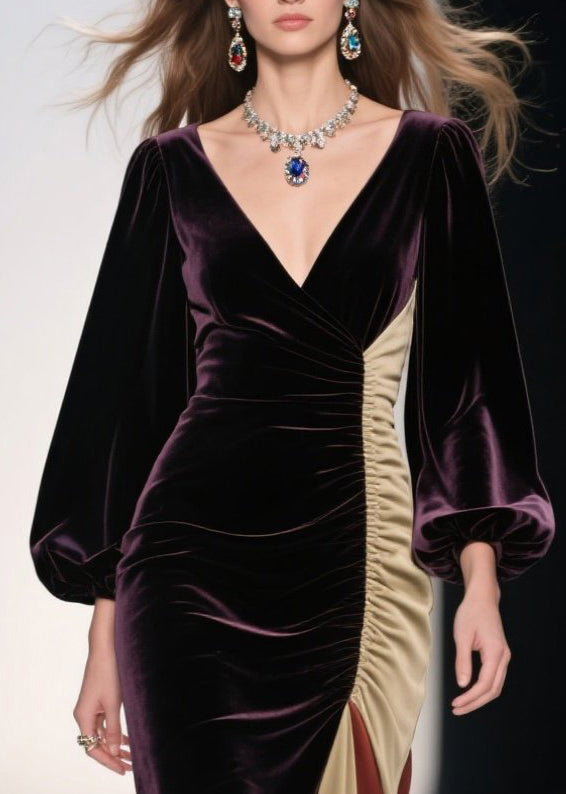 Velvet Wrap V-Neck Bishop Sleeve Ruched Side High Split Maxi Gown - View 2